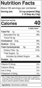 Nutrition and Ingredient Label for Dehydrated Riced Cauliflower in Bulk