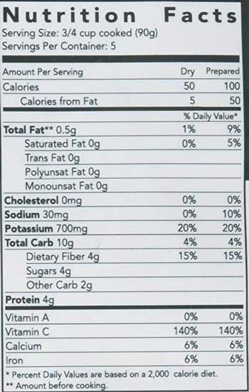 Dry Cauliflower Nutrition Label